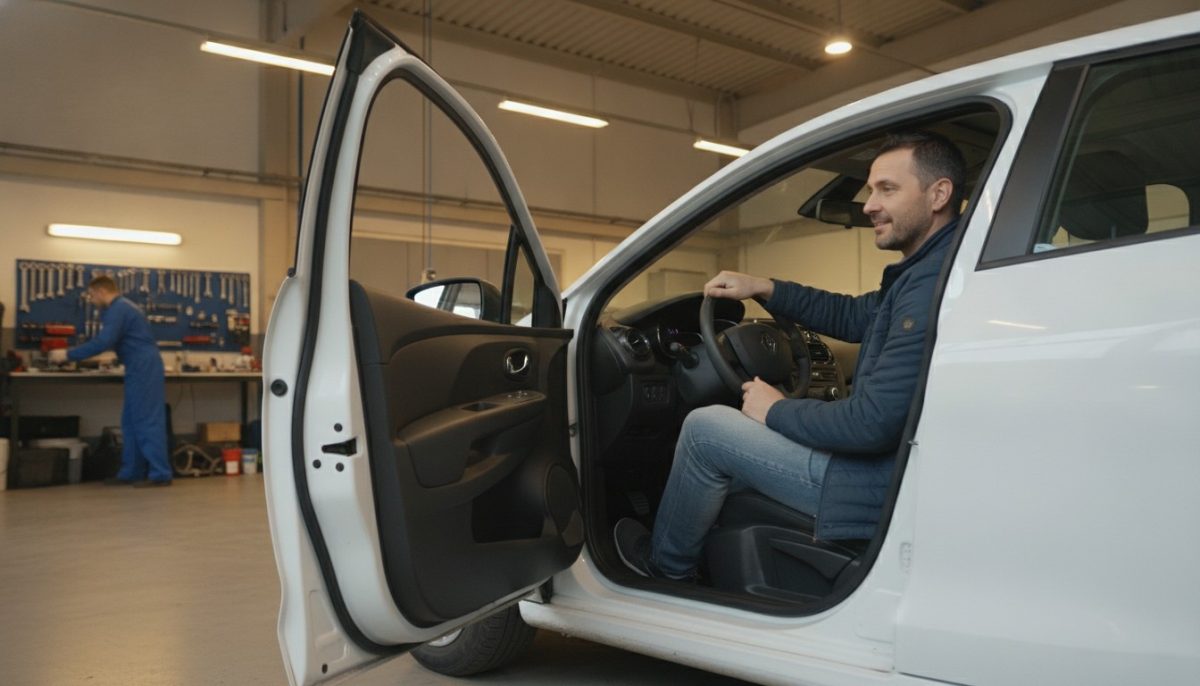 Client assis au volant d'une voiture révisée Client assis au volant d'une voiture révisée